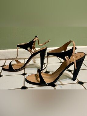GIUSEPPE ZANOTTI Black and Tan Patent Leather High Heel Sandals